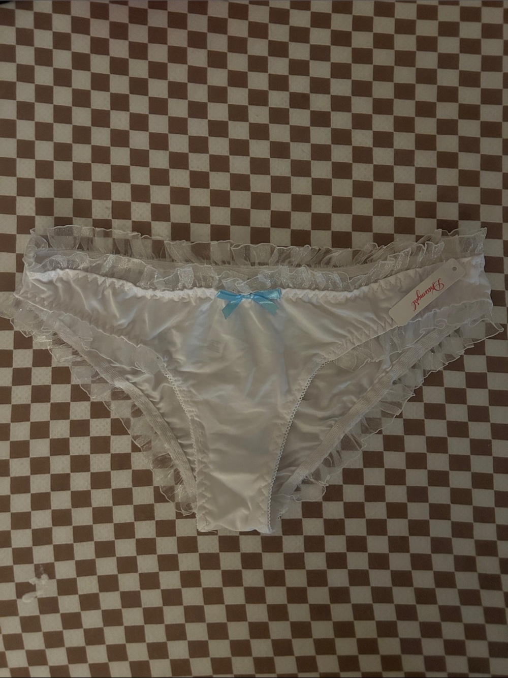 Dreamgirl Bride White Satin Ruffle Bikini Panty with Light Blue Bow
